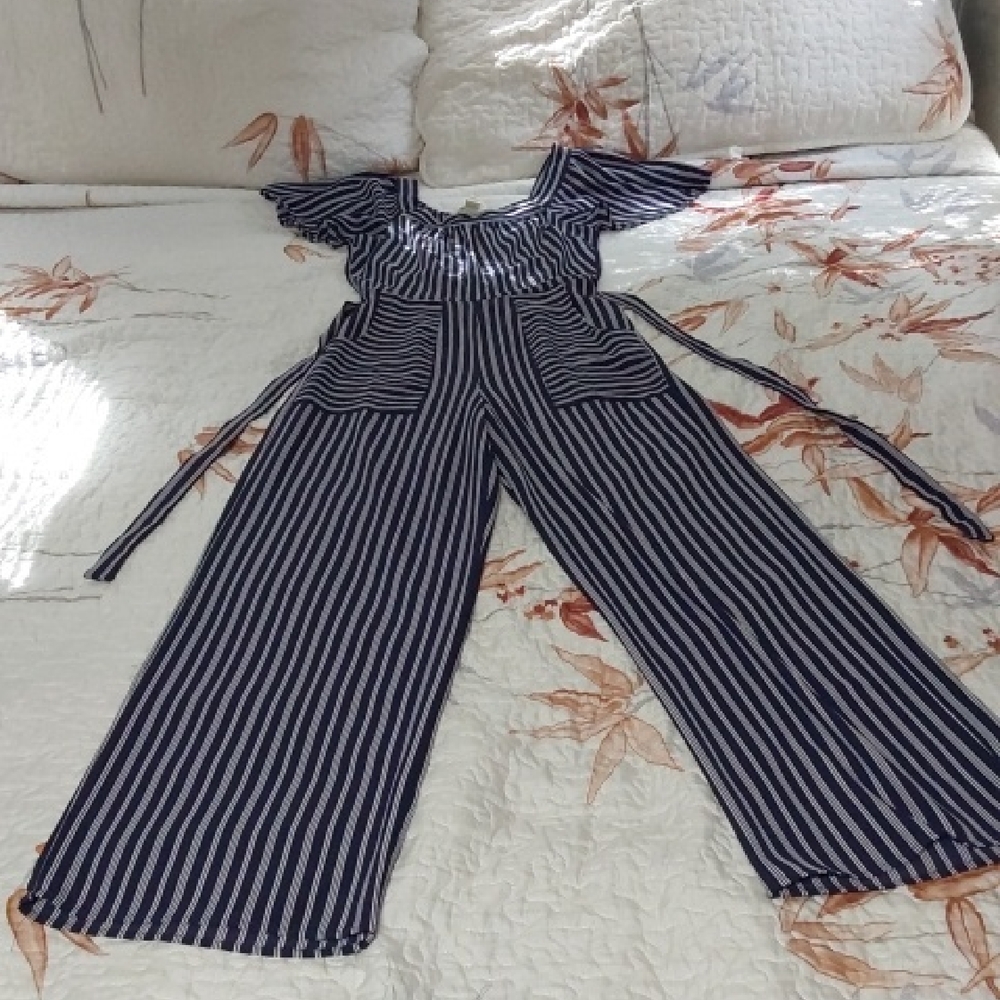 Monteau Navy and White Striped Jumpsuit Small